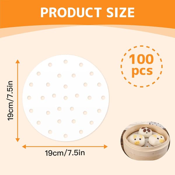 100 ark med 19 cm (7,5-tums) perforerade bambuångkorgsfoder – Non-stick bakplåtspapper för Dim Sum & Air Fryers