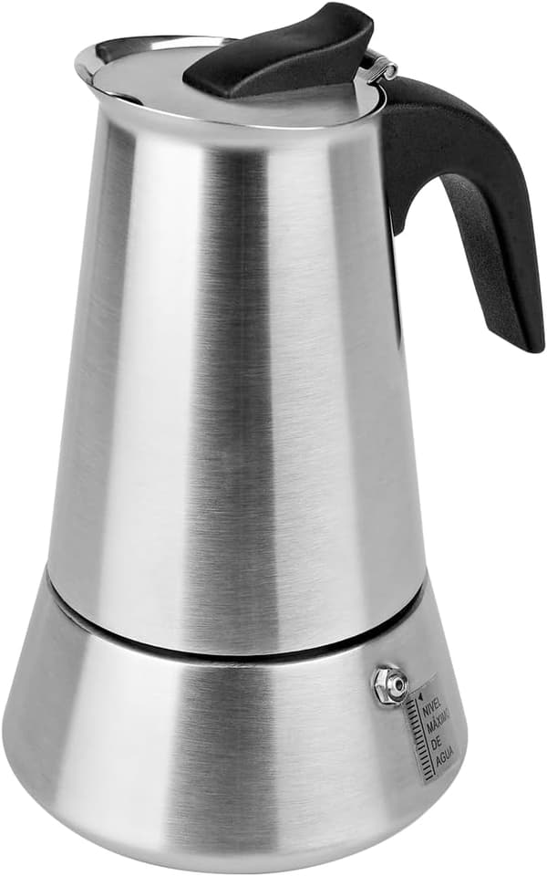 Oktagonal mokkakande i rustfrit stål til 4 kopper, egnet til induktionskogeplader og elkomfurer (200 ml).