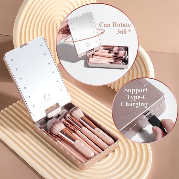 Rese Sminkborstset Foundation Puder Concealers Ögonskuggor Sminkset med LED-ljus Spegel 14 st Mini Sminkborstar (APINK)