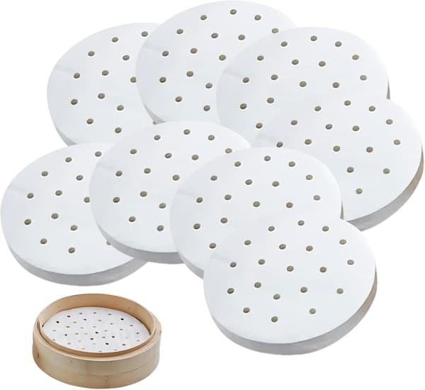 100 ark med 19 cm (7,5-tums) perforerade bambuångkorgsfoder – Non-stick bakplåtspapper för Dim Sum & Air Fryers