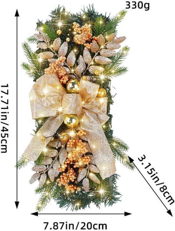 1 st 45 cm LED-upplyst jul-tårformad dörrkrans för juldekoration