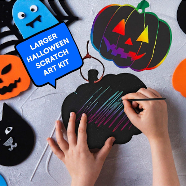 Halloween Scratch Art Trick or Treat Papperskonstkit - Bulkpaket med Halloweenpumpor med magiska regnbågsfärger - 24 Pumpapynt