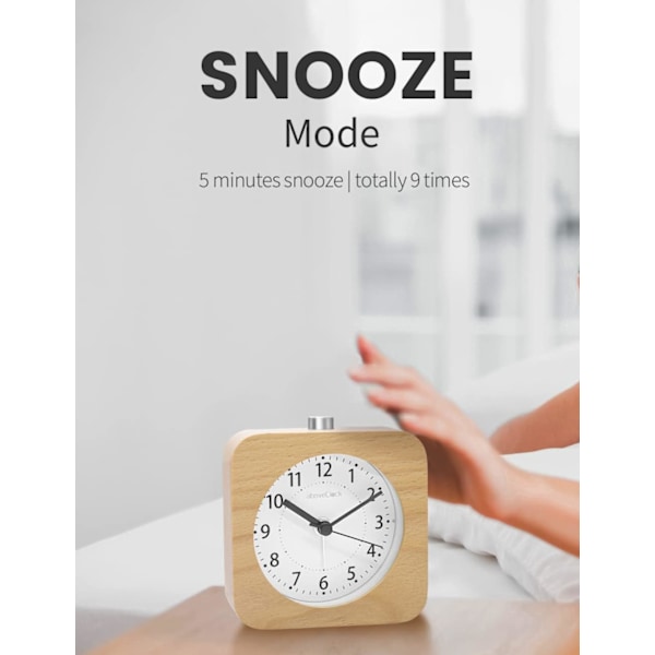 aboveClock Väckarklocka Sängbord, Tickfri Sängklocka med Snooze och Nattlampa Funktion, Analog Klocka Batteridriven