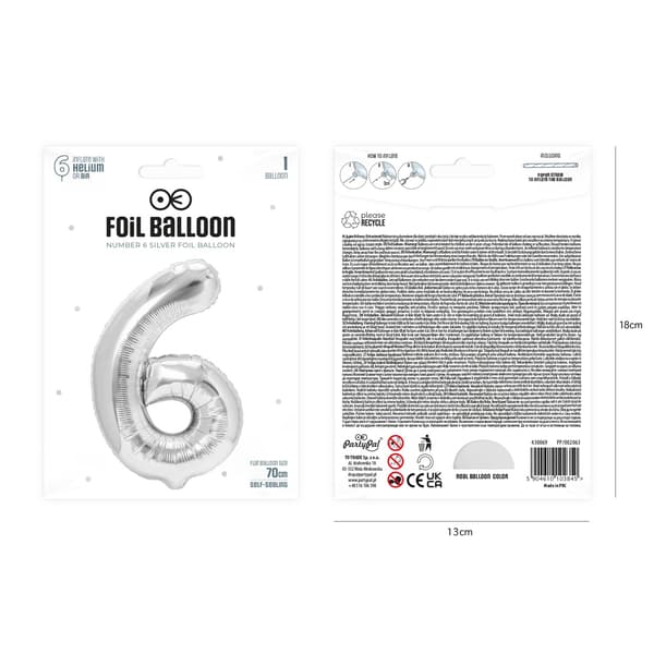 Folioilmapallo numero 6 hopea 70 cm silver