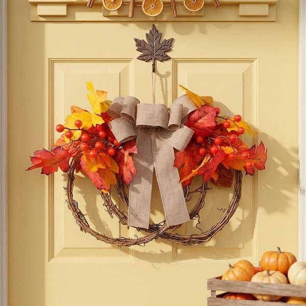 1 stk 40*27 cm efterårsrød ahornblad og bær vævet krans til Thanksgiving Halloween jul