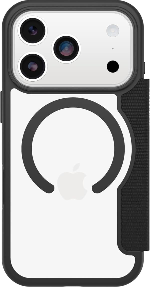 Otterbox React Series Folio MagSafe -kotelo iPhone 17 Prolle, iskunkestävä, putoamissuoja, korttipaikalla, sotilasluokka - läpinäkyvä/musta iPhone 17 Pro