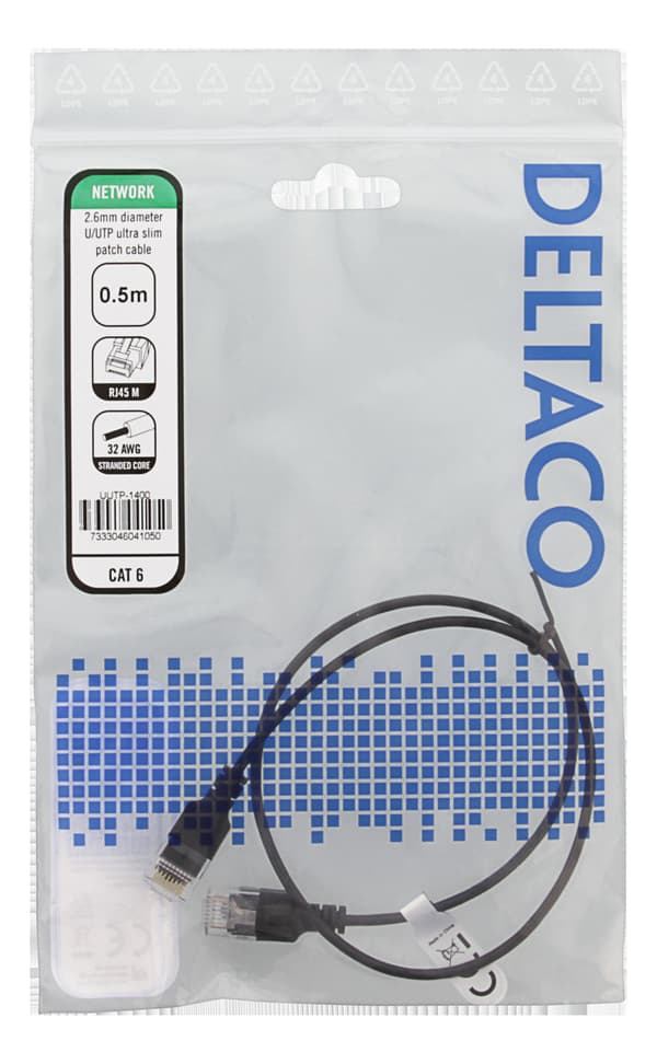 U/UTP Cat6 patchkabel slank, 2,6 mm⌀, 0,5m 500MHz svart