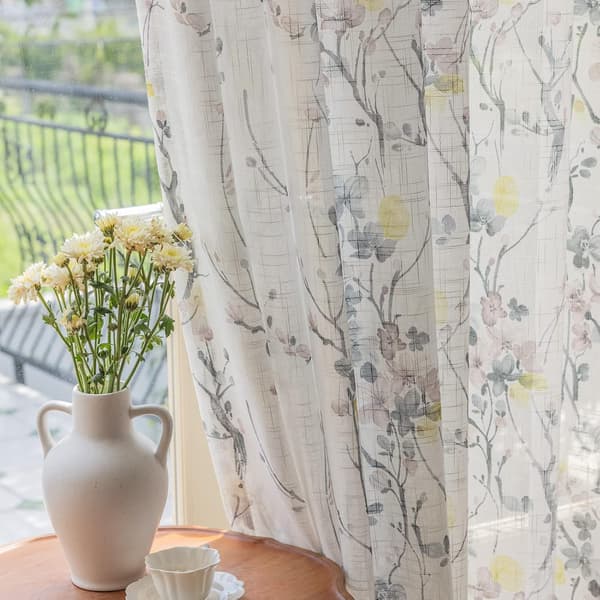 Gule Blomstrede Halvtransparente Gardiner Linnedtekstur til Stue 213 cm Lange 2 Paneler Stanglomme Print Sort Grå Blad Lys