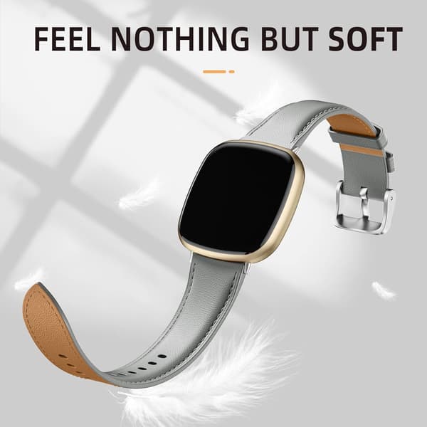 Læderrem Kompatibel med Fitbit Versa 3/Fitbit Sense 2/Sense Rem, Ægte Læder Elegant Udskiftningsrem, Grå