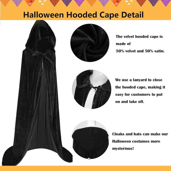 Unisex voksen hættekappe lang fløjlskappe Halloween Cosplay kostumer Black