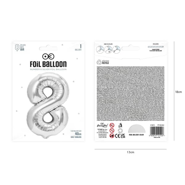 Folioilmapallo numero 8 hopea 40 cm silver