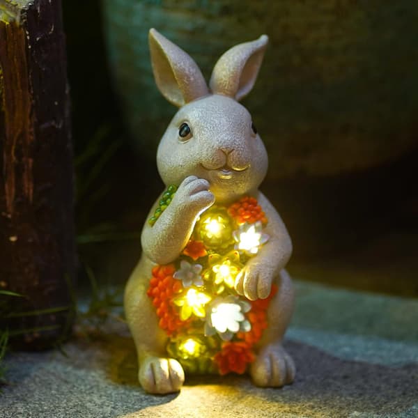 Kaninstatue Solcelle Hagepynt med Sukkulent 7 LED Solcellelys 20CM