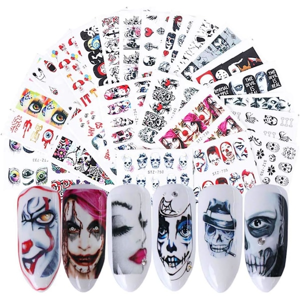 Halloween Nagelstickers Dödsdagens Vattenöverföring Nageldekaler 24 Ark Skalle Spöke Öga Hulk Clown Häxa Nagelkonst Dekaler