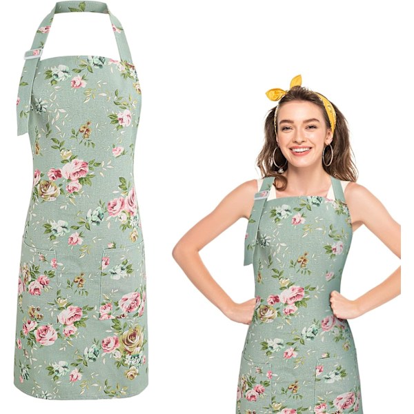 Blommiga Förkläden för Kvinnor, Justerbart Kök Förkläde Vintage Blommiga Förkläden Matlagning Förkläde med Fickor för Bakning Trädgårdsarbete