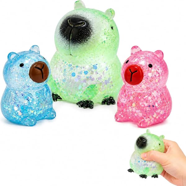 3 stk Capybara Squeeze, rosa, blå og grønn glitter, skrivebordsdekor samlersett 8 cm