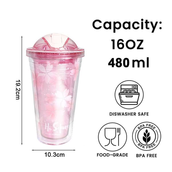 480ml iskopp, plastvattenkopp, sommarhalm, handhållen kopp, söt bärbar vattenkopp pink