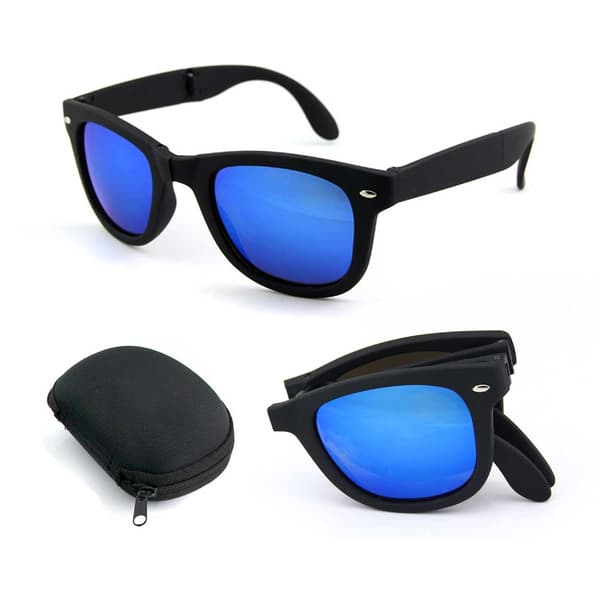 Sammenfoldelige sorte Wayfarer solbriller blå spejlglas sort black