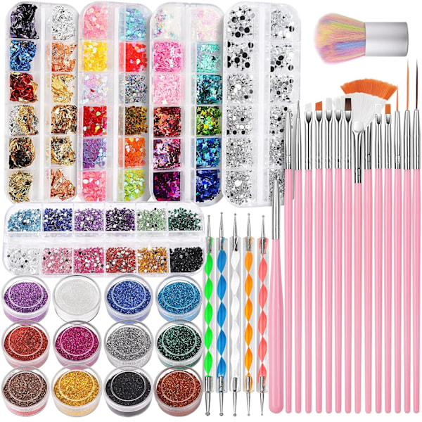 Nagelset, Nageldesignverktygssats med nagelkonstborstar, Nagelprickverktyg, Fint glitter, Nagelfjäril, Nagelhjärta Glitterpaljetter, Folieflingor