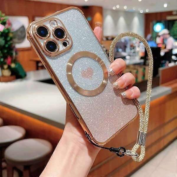Etui til iPhone 16 Pro Max kompatibel med MagSafe TPU telefoncover med rem Hjerte Gradient Glitter