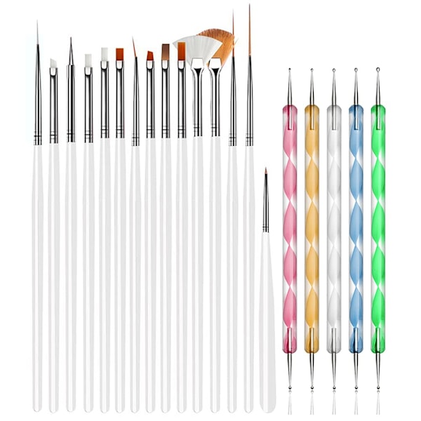 20 st Nail Art Design Verktyg, 15 st Målningsborstar Set med 5 st Punktpennor, VIT …