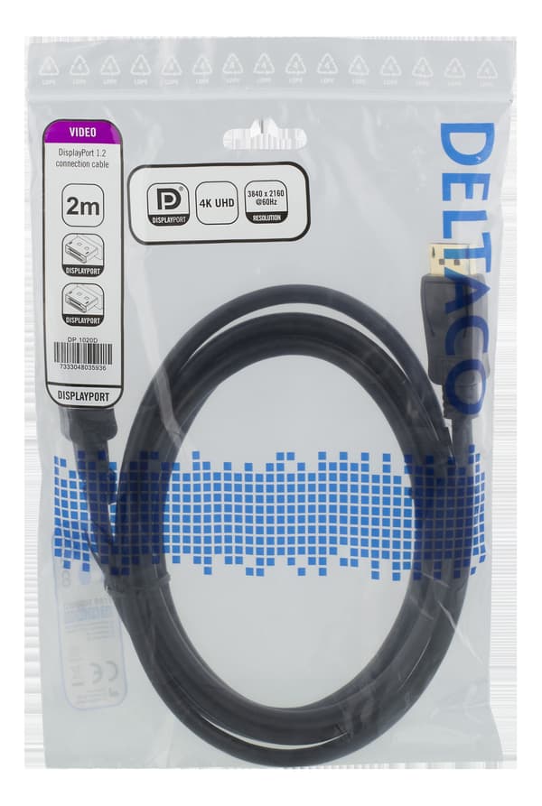 DisplayPort-kabel, 2m, 4K UHD, DP 1.2, hvit Vit