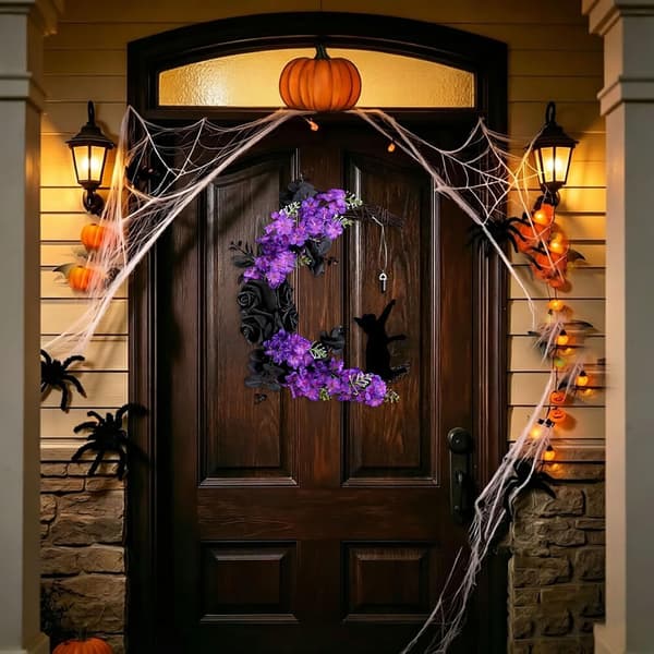 1 stk. 30 cm Måneformet Sort Kat Lilla Blomst Rattan Krans til Høst, Thanksgiving, Halloween, Jul
