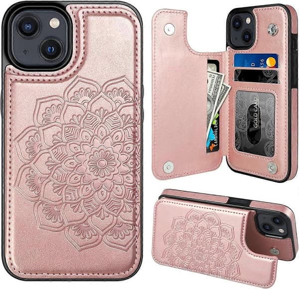 iPhone 15-deksel med kortholder, blomstret magnetisk flippdeksel til iPhone 15 lommebokdeksel for kvinner