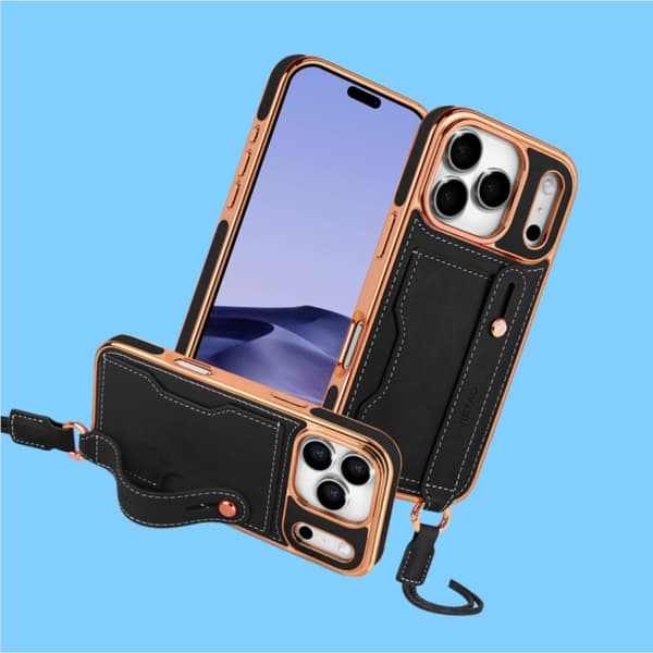 iPhone 17 -kotelo, jossa korttipaikka, olkahihna ja rannehihna, PU+TPU iskunkestävä suoja