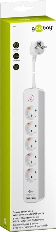 Strømskinne med bryter og USB, 5 uttak