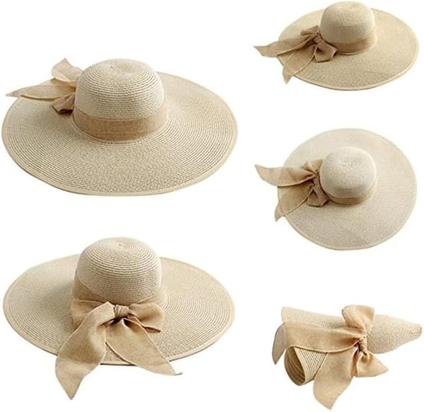 Sommerhat til kvinder - Bredskygget stråhat - Foldbar stråhat - UPF 50+ Strandhat (Beige)