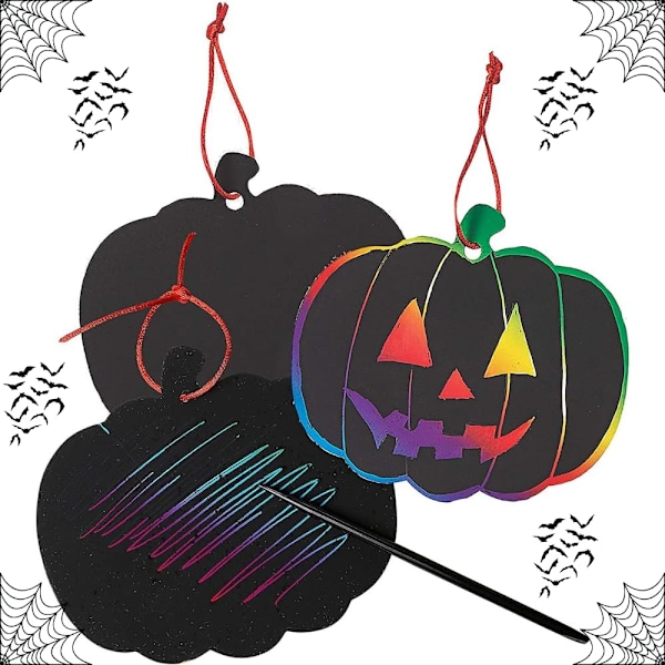 Halloween Scratch Art Trick or Treat Papperskonstkit - Bulkpaket med Halloweenpumpor med magiska regnbågsfärger - 24 Pumpapynt