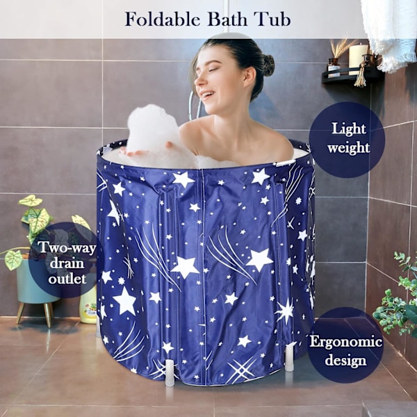 Bärbar Badkar 70 X 65CM 230L Vikbart Fristående Blötläggningsbadkar Vuxen SPA-Badkar för Student Hem Camping (Stjärnblå)