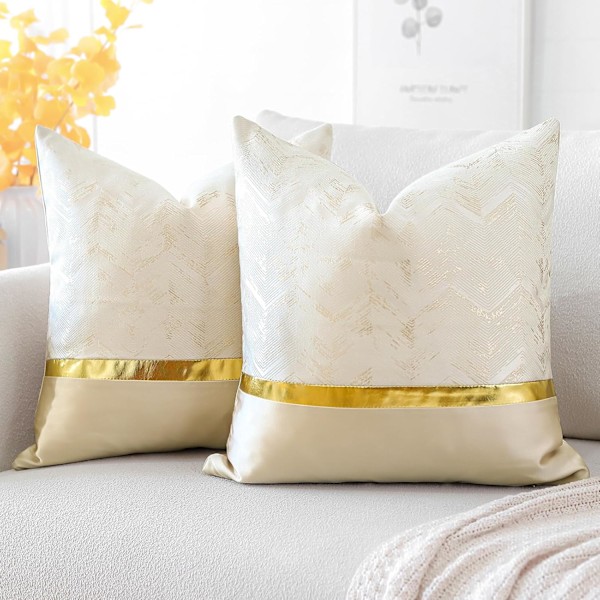 Set med 2 Kuddfodral för Säng Soffa Bil Dekoration Lyxig Modern Minimalistisk Guld Läder Sömmar Vågig Ränder 45x45cm (Beige)