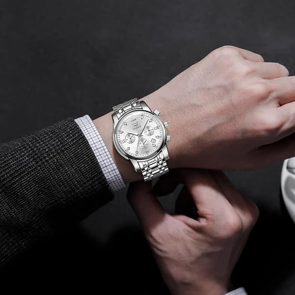 OLEVS Herre Chronograph Ur, Vandtæt Multifunktionsskive med Dato Diamanture til Mænd White Dial/Silver Band