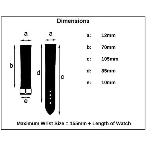 Dam Mjukt Äkta Läder Klockarmband 12mm, Svart, Krom (Silverfärg) spänne
