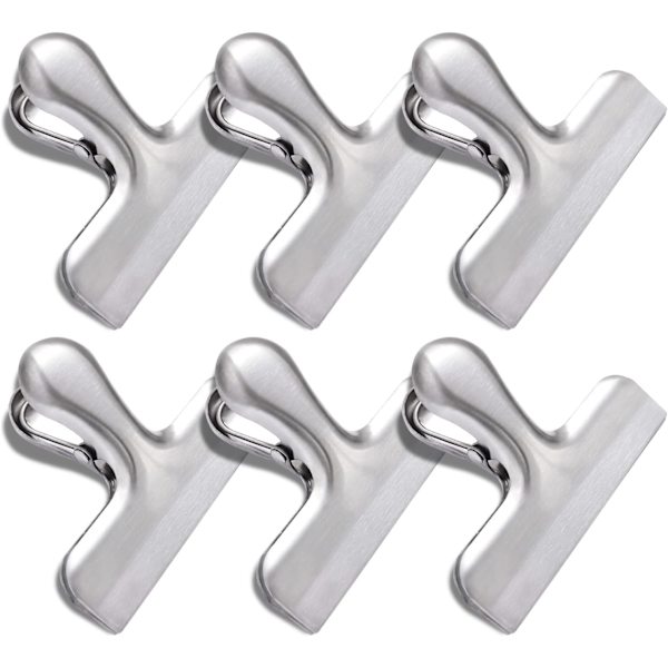 Sæt med 6 madposeklemmer, chipsklemmer i rustfrit stål, chipsklemmer, madposeklemmer