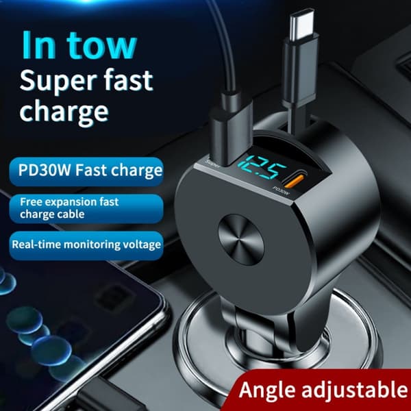 3-i-1 Uttrekkbar Billader 75W USB-C & USB-A Hurtiglading med LED Voltmeter, 12-24V