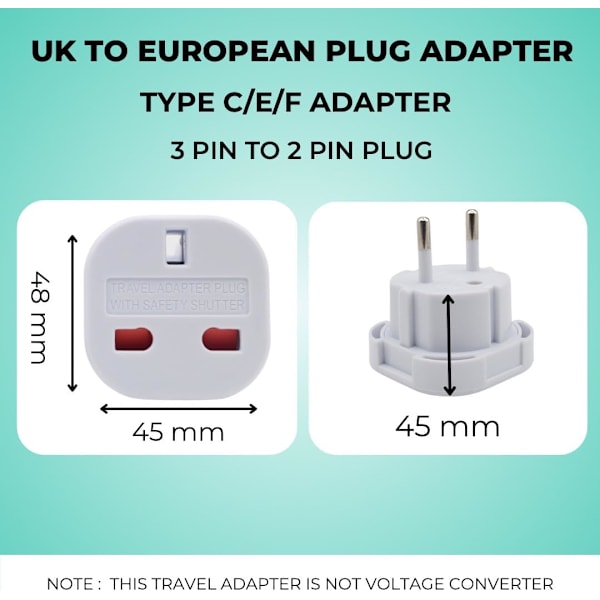 EU Reseadapter | UK 3-PIN till Europeisk 2-PIN Kontaktomvandlare Typ C, E, F för Spanien, Frankrike, Italien, Sverige, (2-pack)