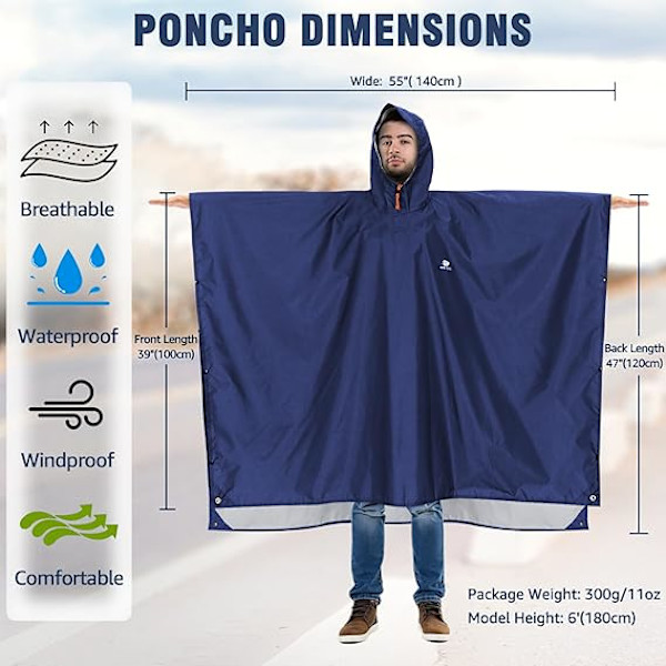 Vattentät Regnponcho Lätt Återanvändbar Vandring med Huva One Size Navy