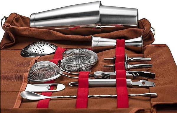 Bartender Kit Väska - Portabel Cocktail Shaker Set för Resor i Brun brown