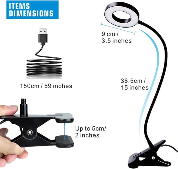 USB LED Skrivebordslampe med Klemme, 3 Lysmoduser 10 Dimbar Lysstyrke Justerbar for Lesing Studering Arbeid Video Belysning