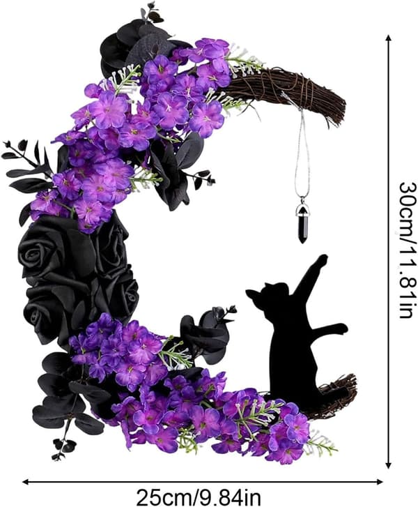 1 stk. 30 cm Måneformet Sort Kat Lilla Blomst Rattan Krans til Høst, Thanksgiving, Halloween, Jul