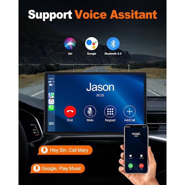 9'' Carplay-skärm för bil med 2.5K Dash Cam, 1080p backkamera, trådlös CarPlay Android Auto-skärm med Mirror Link
