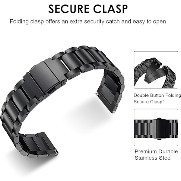 22mm Armband för Huawei Watch GT2 Pro /GT4/GT3/GT3 Pro/GT Active/Galaxy Watch 3 45mm/46mm, Justerbart Metallarmband i Rostfritt Stål