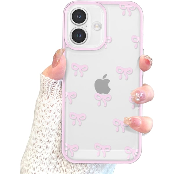 Skal för iPhone 16 Plus, Genomskinligt Sött Band Rosett Mönster Estetiskt Transparent Telefonskal Upphöjt Kameraskydd för Tjejer - Rosa iPhone 16PLUS