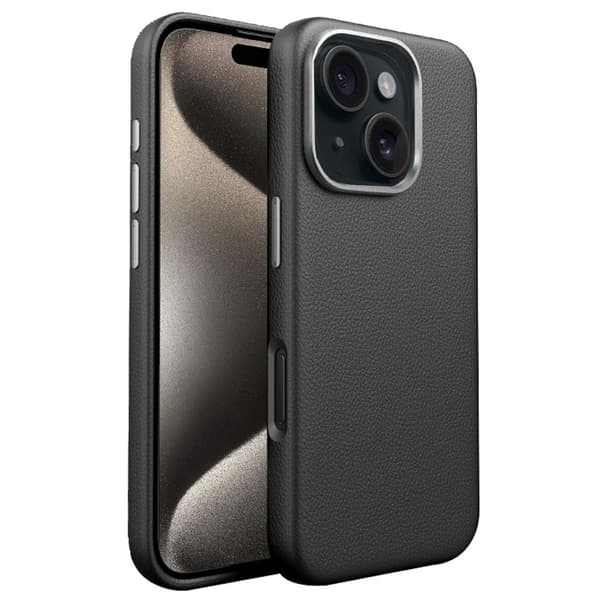 Tyndt TPU-cover med læderfinish til iPhone 15 - Sort