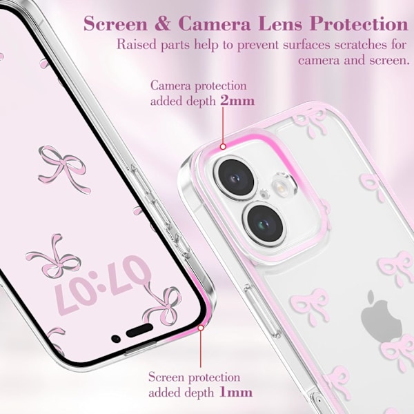 Skal för iPhone 16, Genomskinligt Sött Band Rosett Mönster Estetiskt Transparent Telefonskal Upphöjt Kameraskydd för Tjejer - Rosa iPhone 16