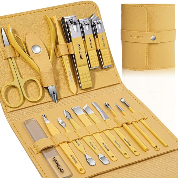Manikyrset Professionell Nagelknipsare Pedikyrkit, 16 delar Rostfritt Stål Nagelverktyg Grooming Kit (Gul) black One size fits all (55-60cm)