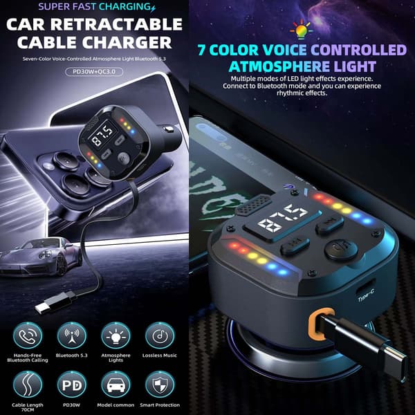Dobbel Type-C FM-sender og rask billader – Bluetooth 5.3, PD 30W + QC 3.0, RGB-lys og innebygd kabel