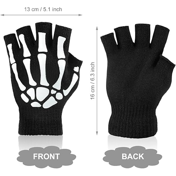 3 Par Skelett Fingerlösa Handskar Glow in the Dark Handskar för Barn Vuxen Halloween